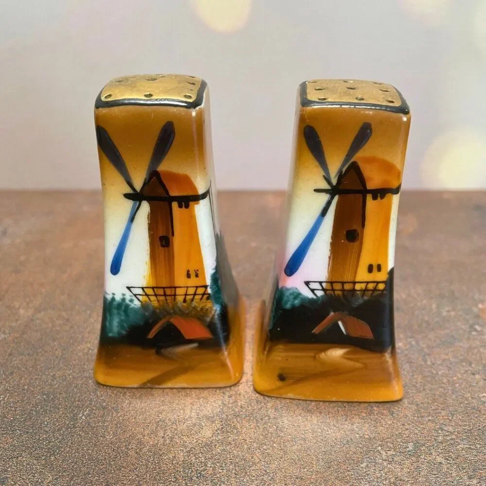Vintage Windmill Salt & Pepper Shakers – Gold Leaf Tops, Porcelain 1940's